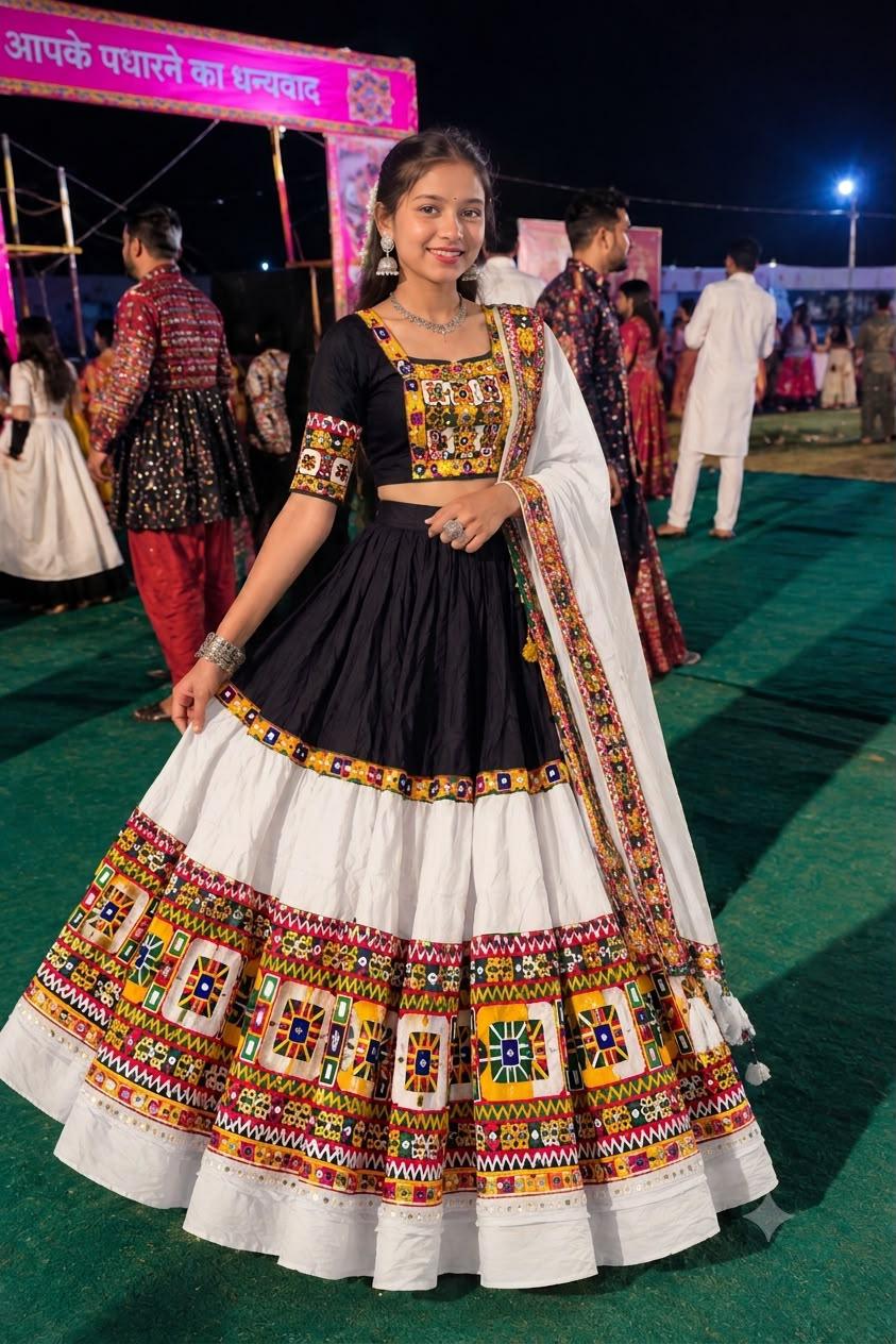 Black and ivory chaniya choli with a multicolour mirror hem