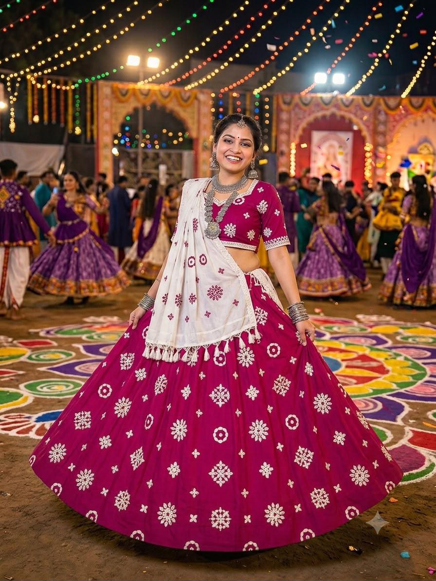 Magenta buti lehenga worn on a Garba ground