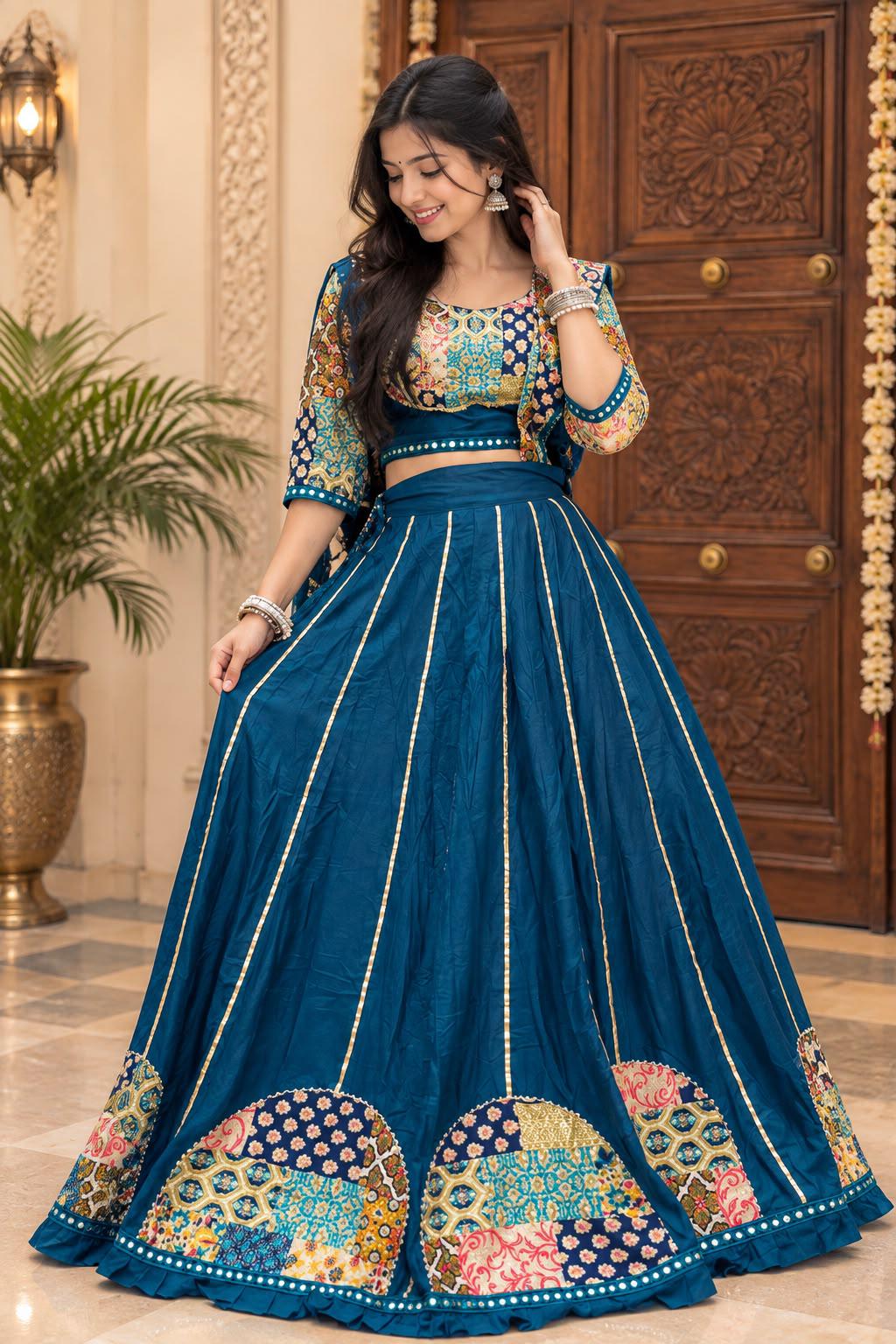 Woman in a teal lehenga with gold stripes and a scalloped patchwork hem